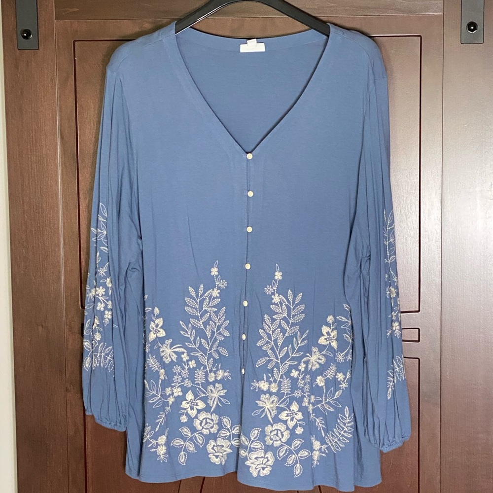 J Jill Blue Button Tunic with Floral White Embroidery on Front and Sleeves.